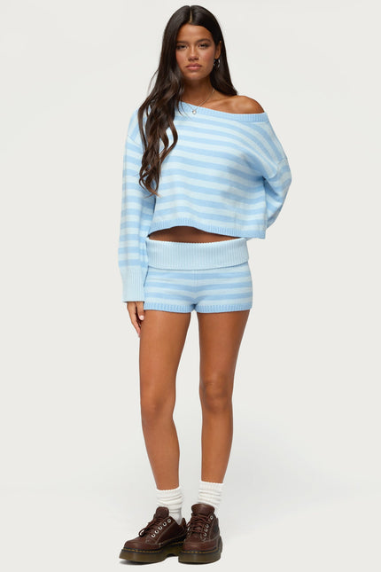 Saphi Striped Foldover Knit Shorts - Light Blue