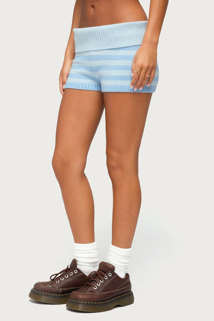 Saphi Striped Foldover Knit Shorts - Light Blue