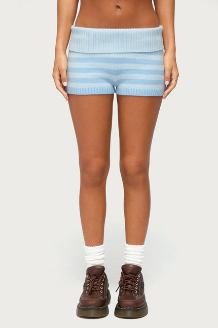 Saphi Striped Foldover Knit Shorts - Light Blue