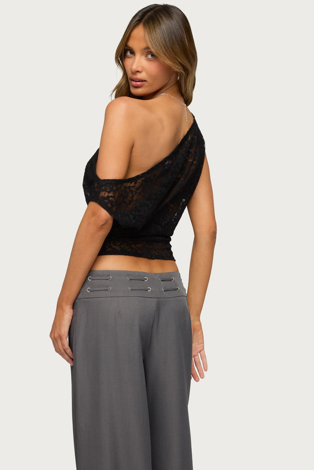 Kessa Sheer Lace Off Shoulder Top - Black