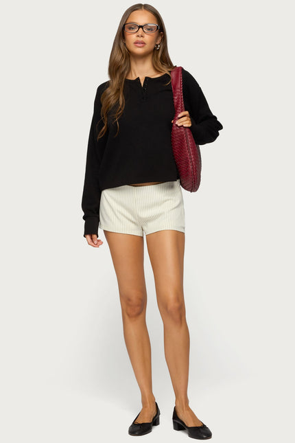 Deni Long Sleeve Henley Waffle Top - Black
