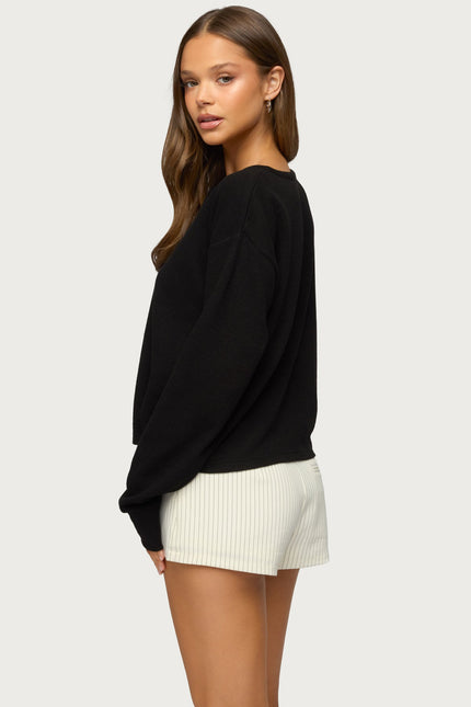 Deni Long Sleeve Henley Waffle Top - Black