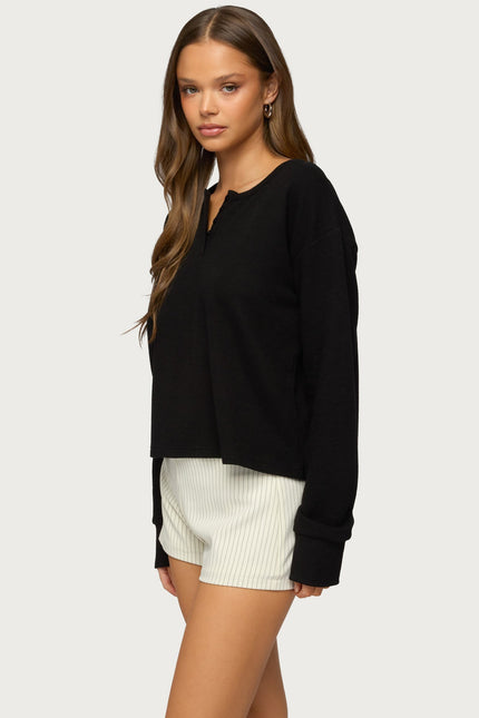 Deni Long Sleeve Henley Waffle Top - Black