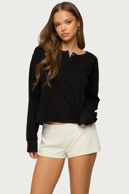 Deni Long Sleeve Henley Waffle Top - Black