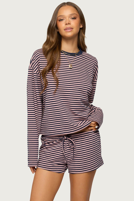 Jainee Striped Long Sleeve T Shirt - Navy And Pink