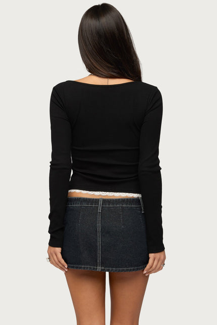 Joana Layered Lacey Henley Top - Black
