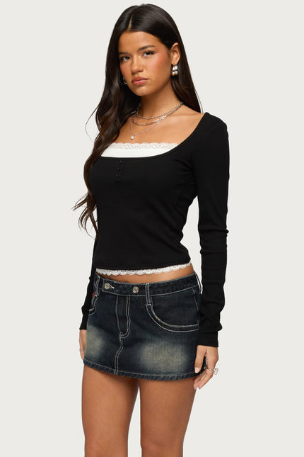 Joana Layered Lacey Henley Top - Black