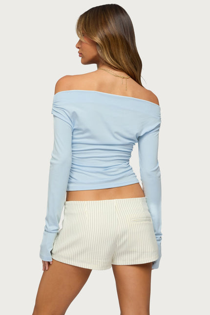 Milane Ruched Off Shoulder Ribbed Top - Light Blue