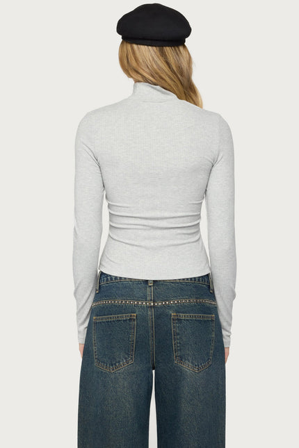 Saskia Fitted Ribbed Turtle Neck Top - Gray Melange