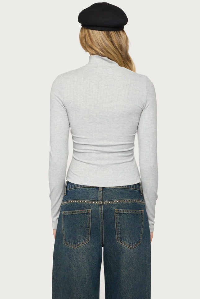 Saskia Fitted Ribbed Turtle Neck Top - Gray Melange