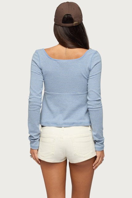 Sare Striped Babydoll Henley Top - Light Blue