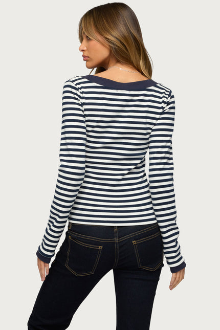 Kimi Striped Long Sleeve V Neck Top - Navy And White