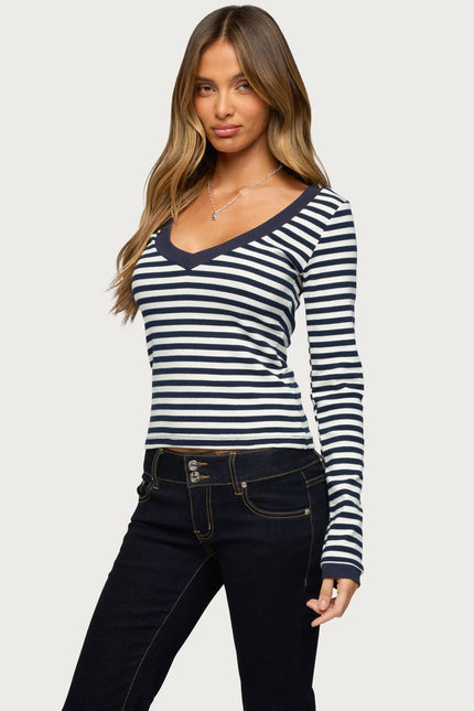 Kimi Striped Long Sleeve V Neck Top - Navy And White