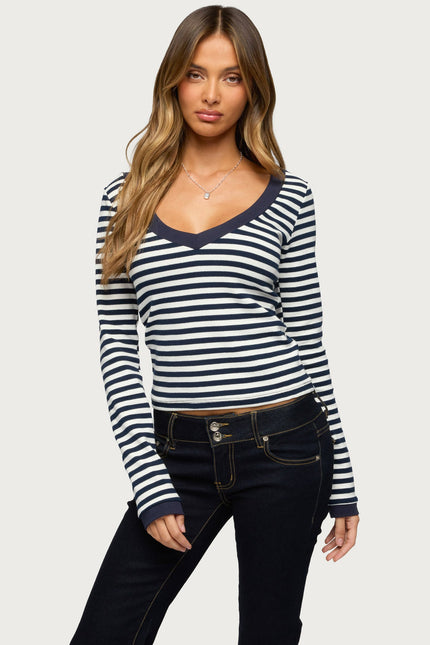 Kimi Striped Long Sleeve V Neck Top - Navy And White