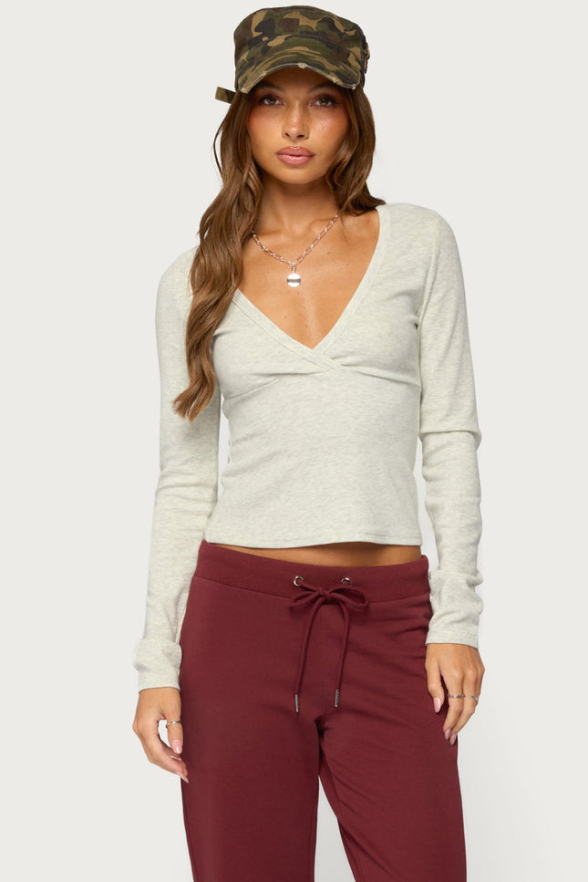 Doron V Neck Long Sleeve Top - Light Gray Melange