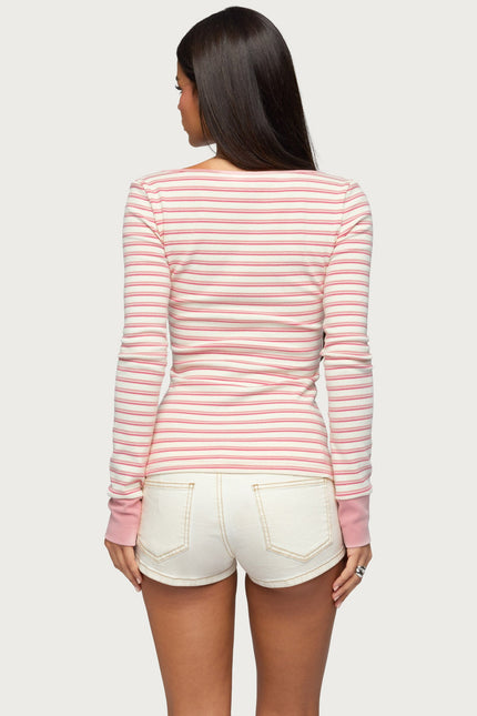 Jaida Striped Henley Top - Pink