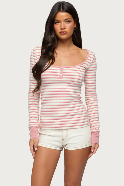 Jaida Striped Henley Top - Pink