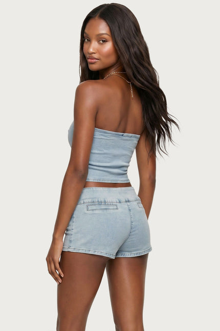 Zaida Asymmetric Denim Strapless Top - Light Blue