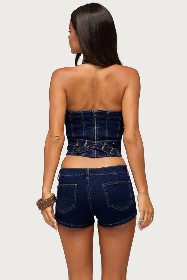 Alita Stretchy Denim Halter Top - Dark Blue