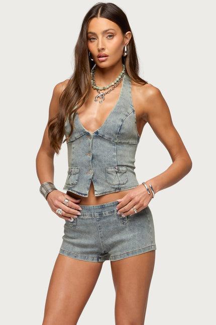 Sashe Button Up Denim Halter Top - Blue Vintage Washed