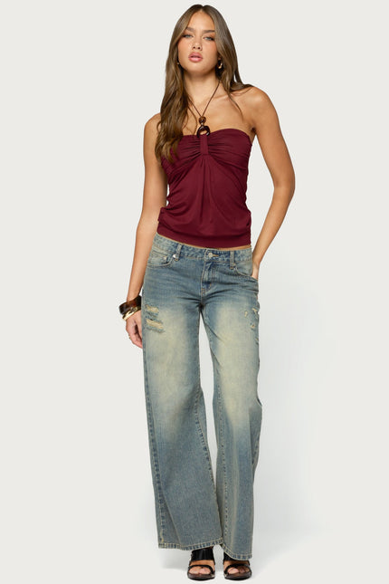 Itzel Ring Gathered Halter Top - Burgundy