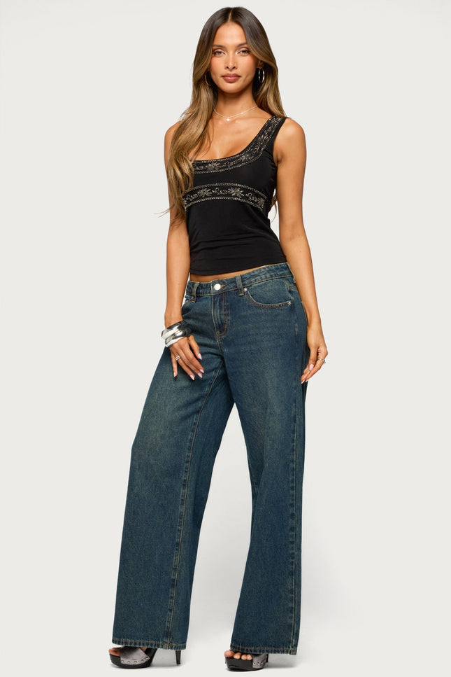 Isiadora Beaded Scoop Neck Tank Top - Black