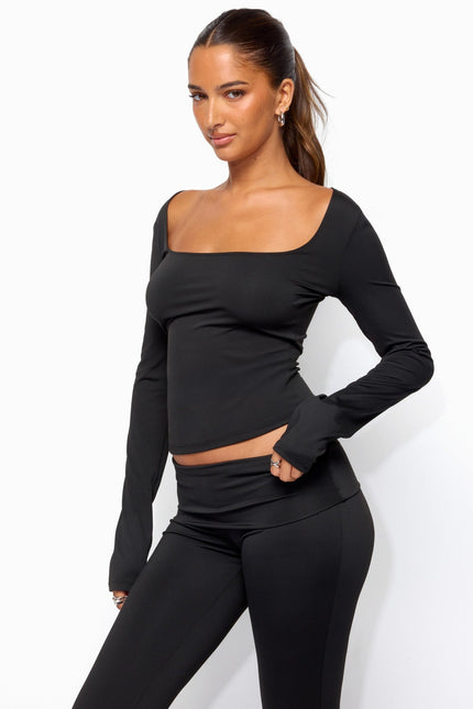 Hayden Square Neck Long Sleeve Top - Black