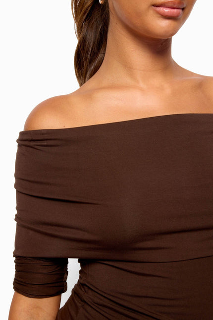 Habiba Foldover Off Shoulder Top - Brown