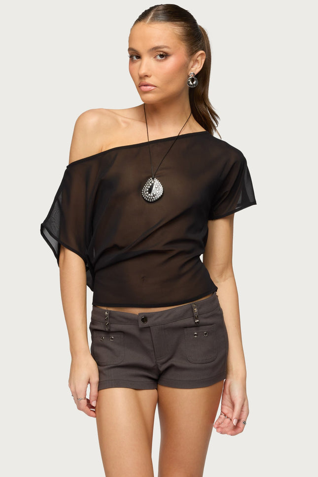 Noria Sheer Chiffon Off Shoulder Top - Black