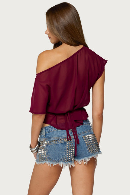 Noria Sheer Chiffon Off Shoulder Top - Maroon