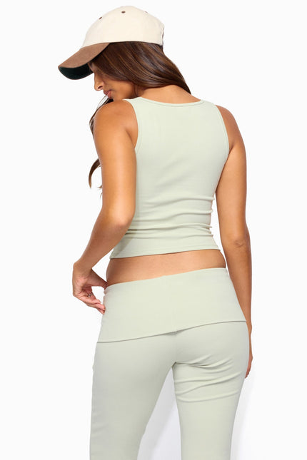 Linda Ribbed Scoop Neck Tank Top - Sage