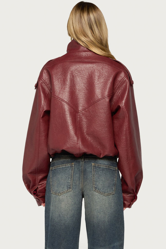 Jaicee High Neck Oversized Faux Leather Jacket - Burgundy