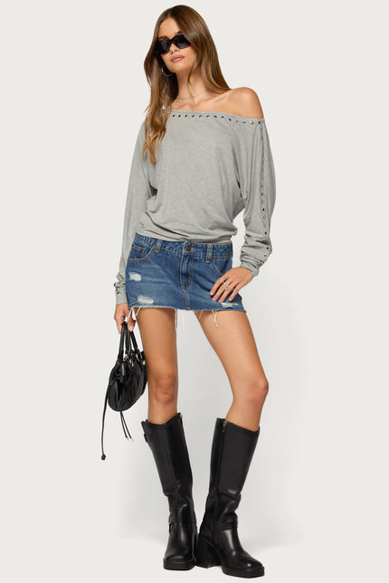 Paola Off Shoulder Stud Top - Gray Melange
