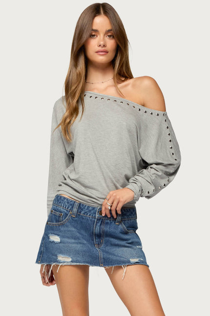 Paola Off Shoulder Stud Top - Gray Melange