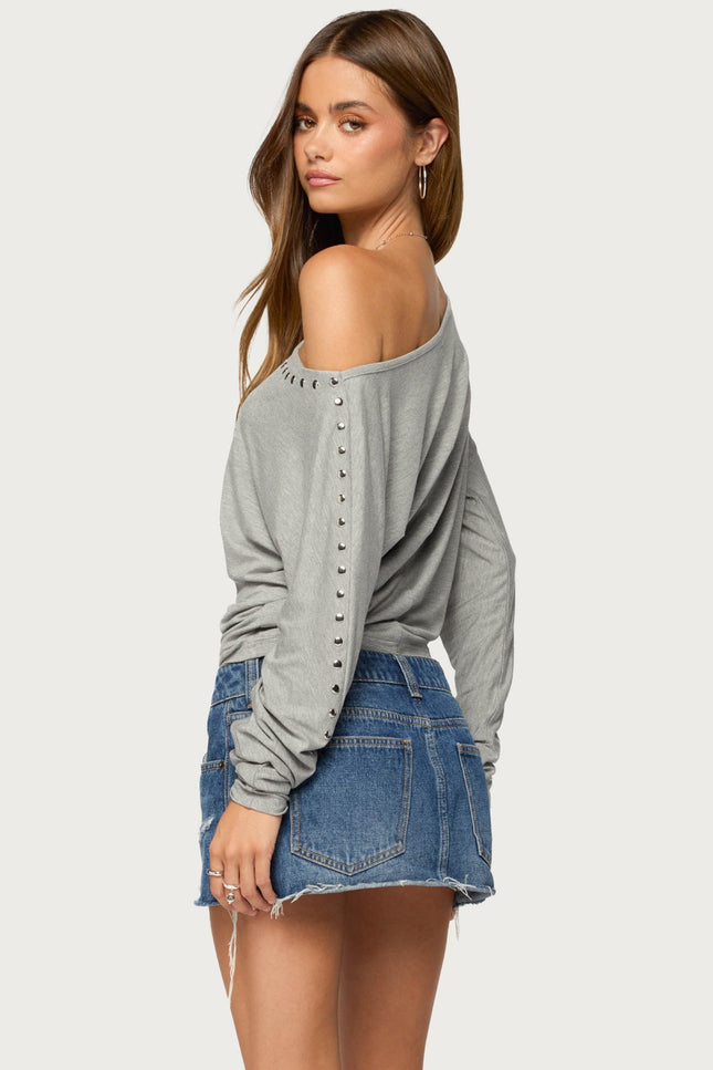 Paola Off Shoulder Stud Top - Gray Melange