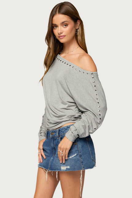 Paola Off Shoulder Stud Top - Gray Melange