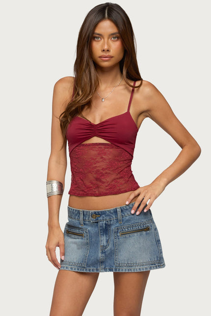 Damarie Cutout Ruched Sheer Lace Top - Burgundy