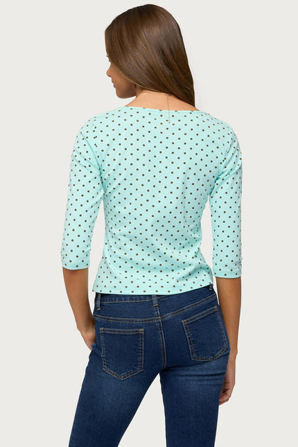 Lela Polka Dot Three-Quarter Sleeve Top - Aqua And Brown
