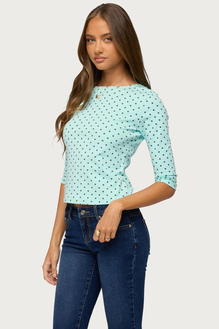Lela Polka Dot Three-Quarter Sleeve Top - Aqua And Brown
