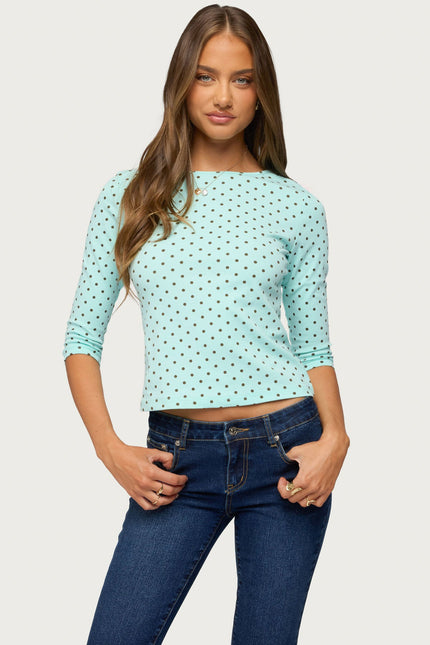 Lela Polka Dot Three-Quarter Sleeve Top - Aqua And Brown
