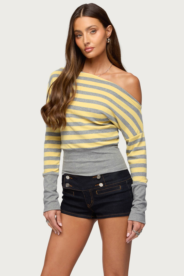 Marniee Striped Off Shoulder Top - Gray Melange And Yellow