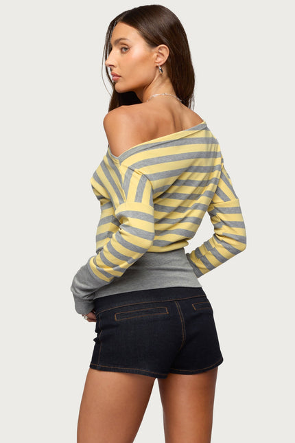 Marniee Striped Off Shoulder Top - Gray Melange And Yellow