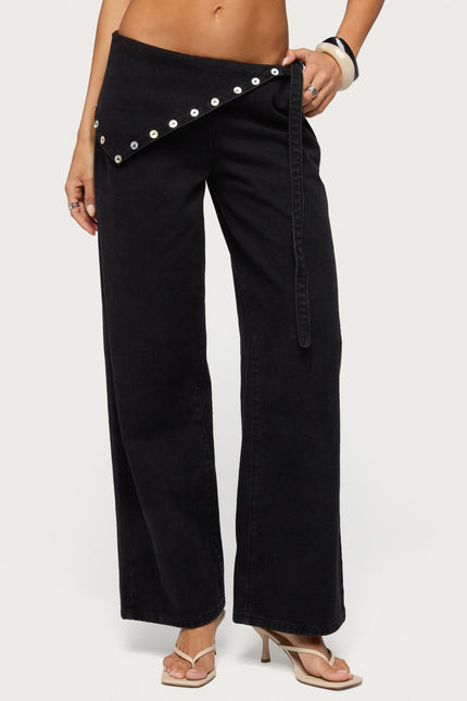 Button Foldover Low Rise Baggy Jeans - Denim Black