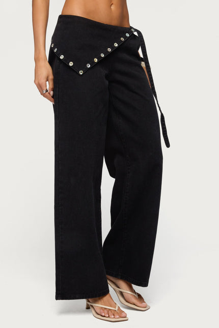 Button Foldover Low Rise Baggy Jeans - Denim Black