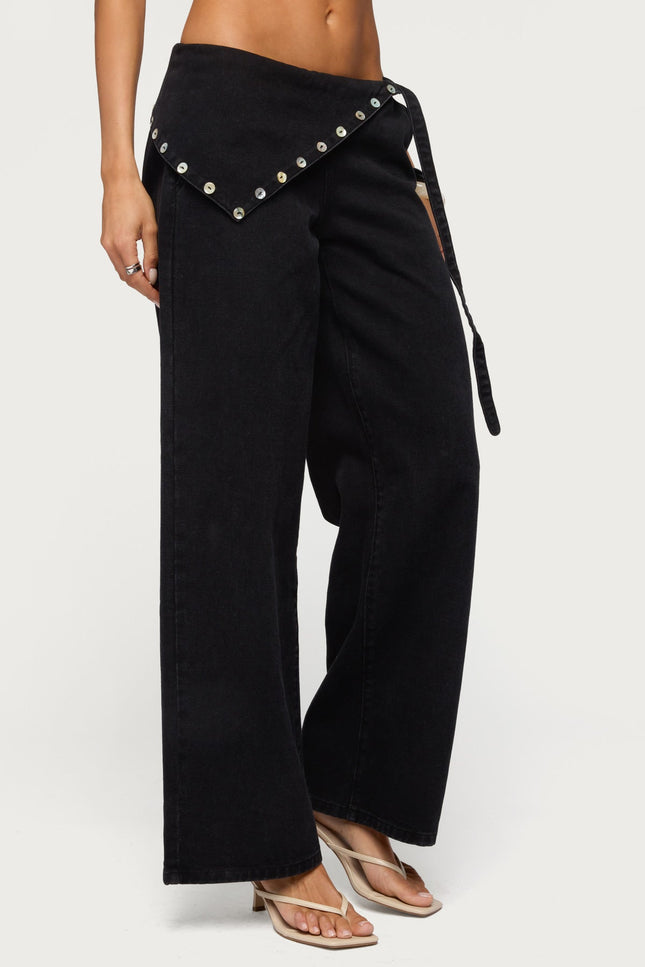 Button Foldover Low Rise Baggy Jeans - Denim Black