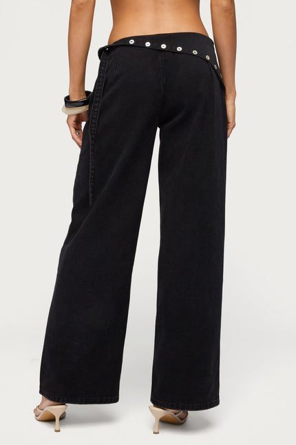 Button Foldover Low Rise Baggy Jeans - Denim Black