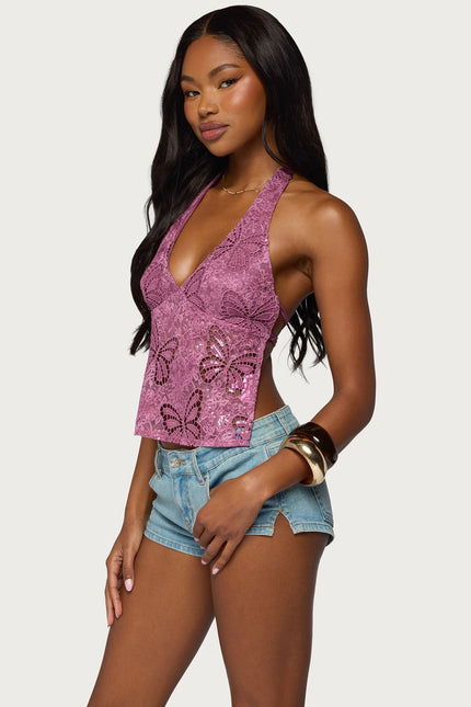 Butterfly Sequin Backless Halter Top - Mauve