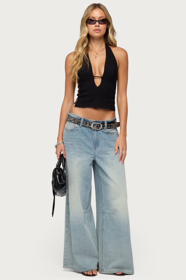 Aneera Cutout Plunging Halter Top - Black