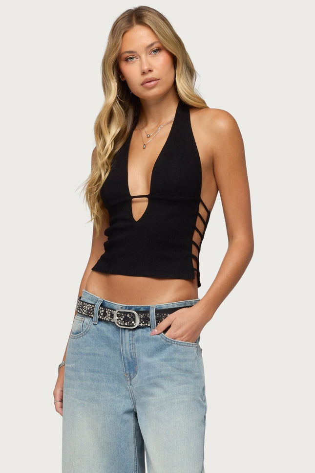 Aneera Cutout Plunging Halter Top - Black