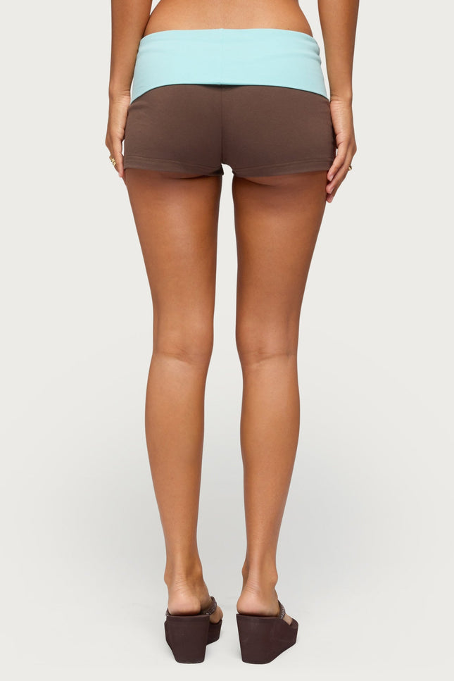 Emmey Contrast Foldover Shorts - Brown And Aqua